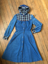 Load image into Gallery viewer, vintage 1970s denim dress with hood {xs/s}