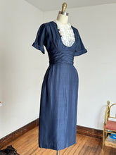 Load image into Gallery viewer, vintage 1950s navy wiggle dress with dicky {xs}