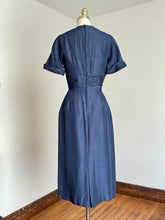 Load image into Gallery viewer, vintage 1950s navy wiggle dress with dicky {xs}