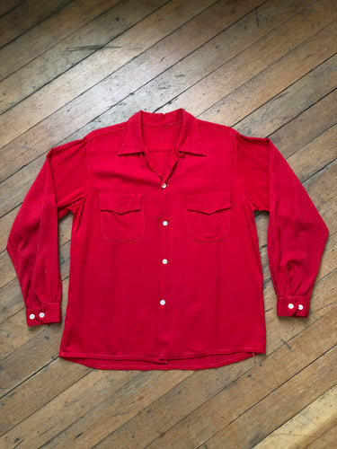 vintage 1950s red rayon long sleeve shirt
