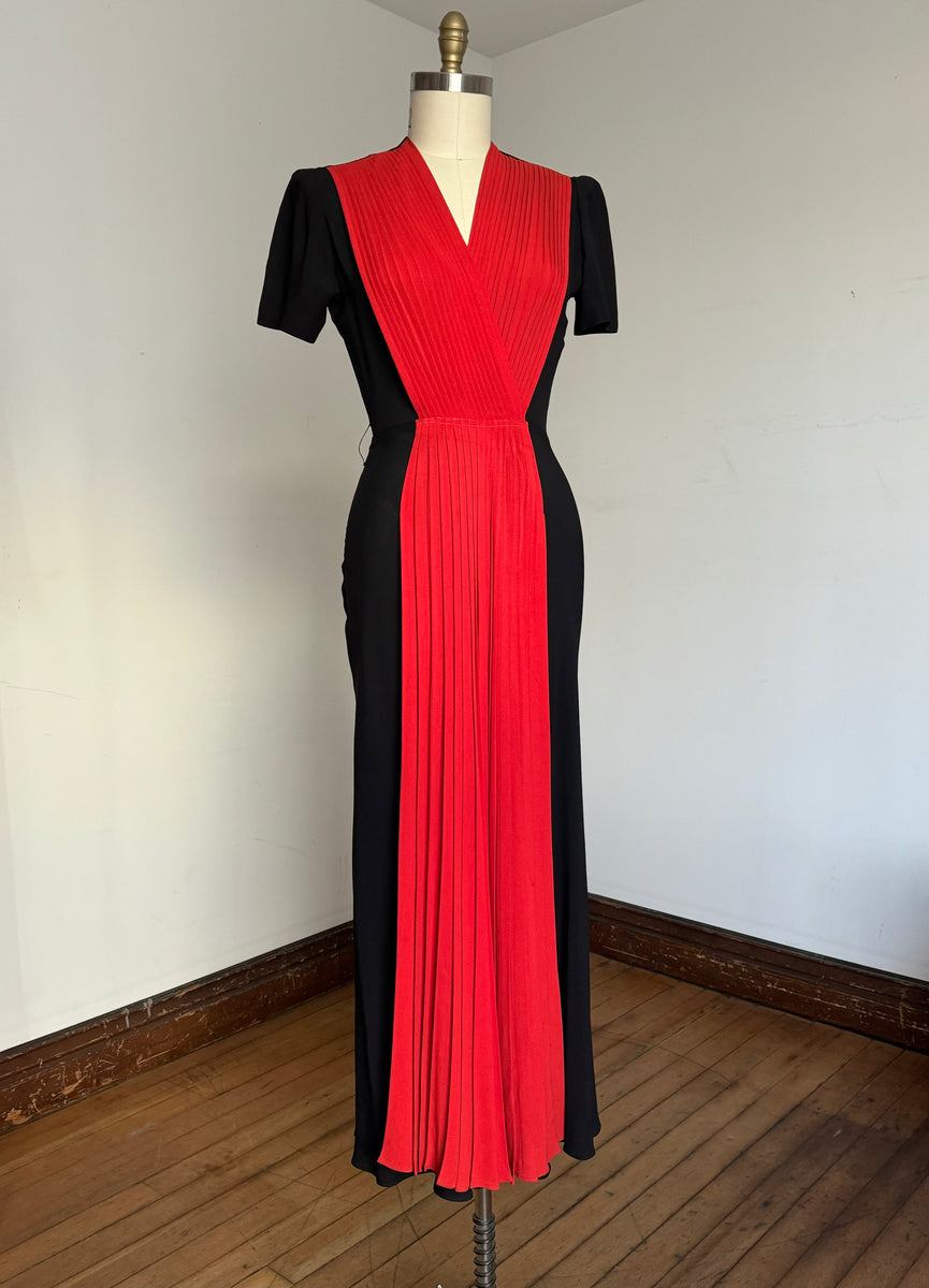 open lace back dress vintage 1940s black and red rayon gown {s} – Trunk of Dresses