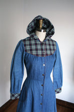 Load image into Gallery viewer, vintage 1970s denim dress with hood {xs/s}