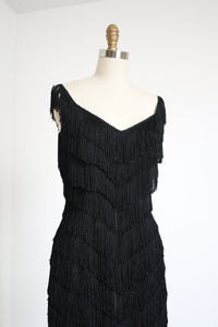 MARKED DOWN vintage 1970s black tassel flapper dress {xs}