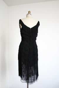 MARKED DOWN vintage 1970s black tassel flapper dress {xs}