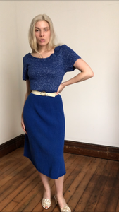 MARKED DOWN vintage 1950s blue knit dress {L}