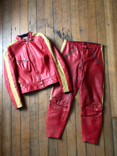 Load image into Gallery viewer, vintage 1970s Kawasaki motorcycle leather riding outfit jacket and pants