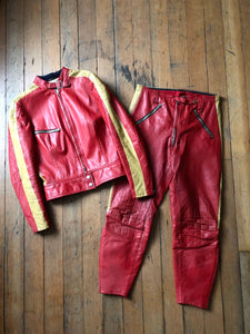 vintage 1970s Kawasaki motorcycle leather riding outfit jacket and pants