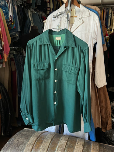vintage 1950s green gabardine long sleeve rayon shirt - loop collar