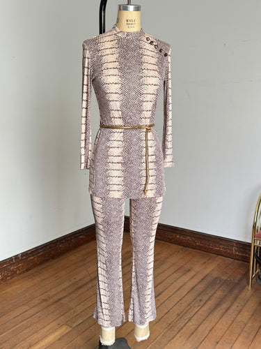 vintage 1960s snakeskin pant set tunic mini dress and pant set {xs}