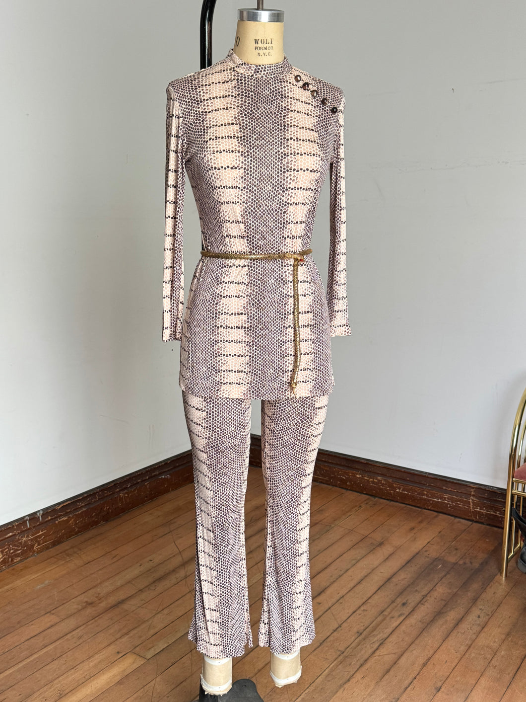 vintage 1960s snakeskin pant set tunic mini dress and pant set {xs}