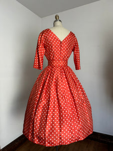 vintage 1950s orange silk polka dot dress {s}