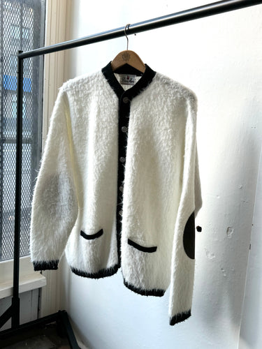 vintage 1960s white fuzzy shag cardigan