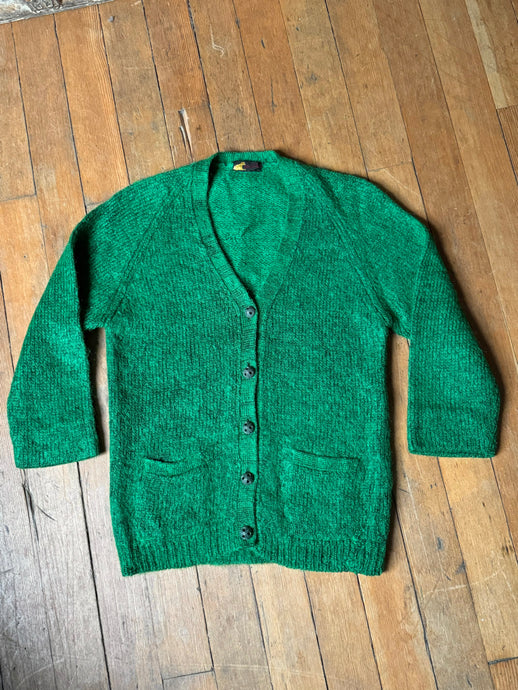 vintage 1960s green shaggy wool cardigan