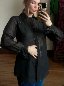 vintage 1970s sheer black dagger collar shirt {m}