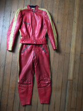 Load image into Gallery viewer, vintage 1970s Kawasaki motorcycle leather riding outfit jacket and pants