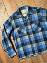 Load image into Gallery viewer, vintage 1950s blue plaid wool long sleeve shirt