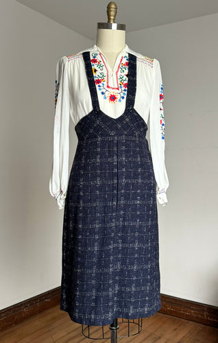 vintage 1930s blue flecked pinafore overall skirt {m}