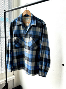 vintage 1950s blue plaid wool long sleeve shirt