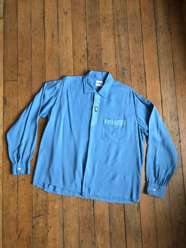vintage 1950s blue rayon long sleeve shirt