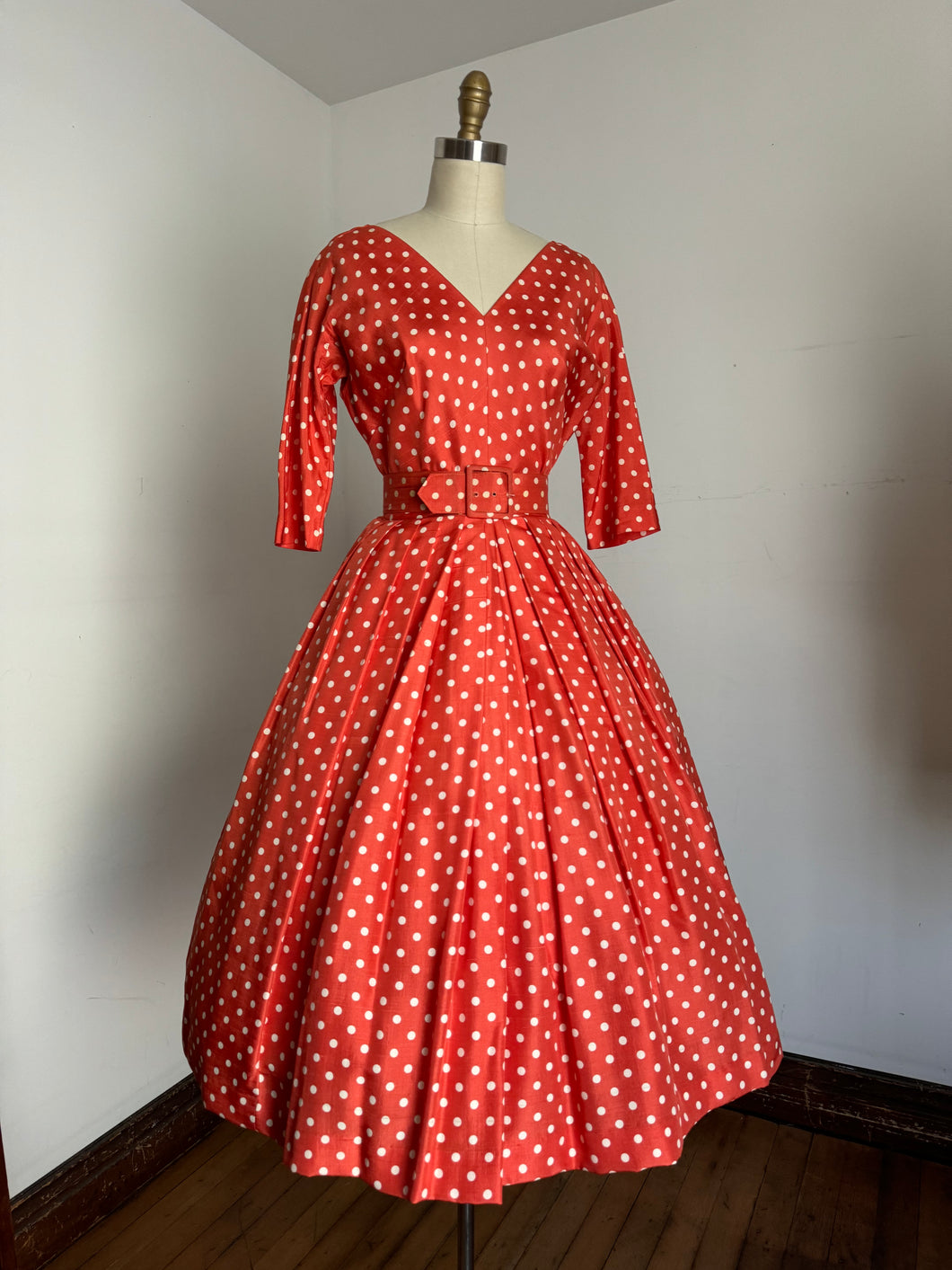 vintage 1950s orange silk polka dot dress {s}