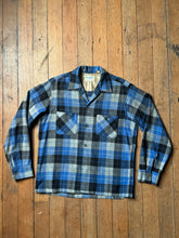 Load image into Gallery viewer, vintage 1950s blue plaid wool long sleeve shirt