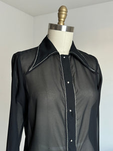 vintage 1970s sheer black dagger collar shirt {m}