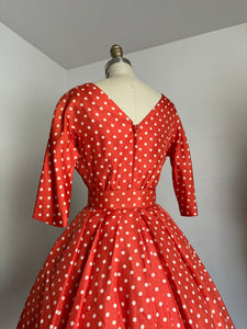 vintage 1950s orange silk polka dot dress {s}