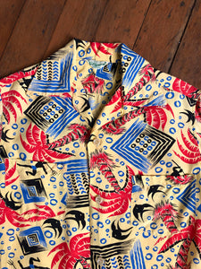 vintage 1940s novelty print Hawaiian rayon shirt