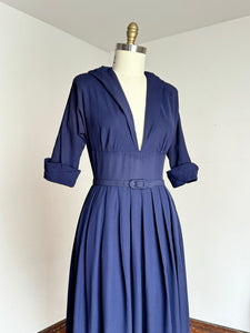 vintage 1940s 50s navy rayon low cut dress {m}