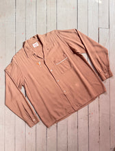 Load image into Gallery viewer, vintage 1950s brown long sleeve rayon shirt with loop collar