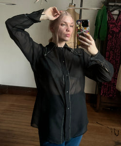 vintage 1970s sheer black dagger collar shirt {m}