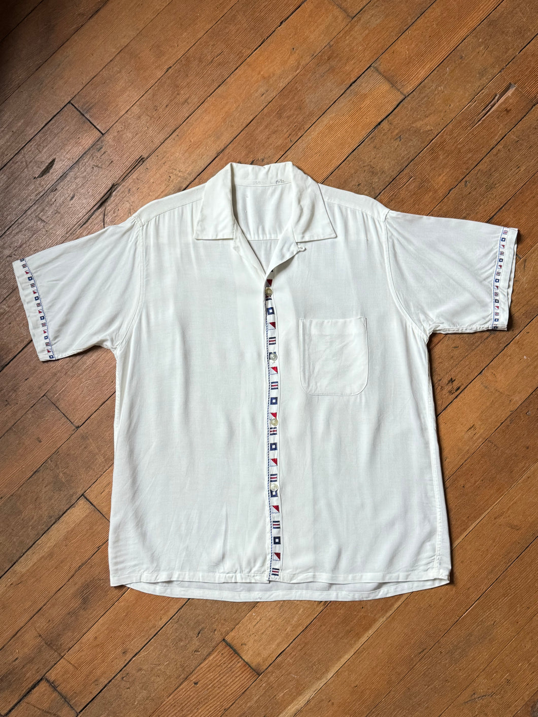 vintage 1950s rayon flag shirt - loop collar