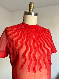 vintage 1950s sheer red blouse {L}