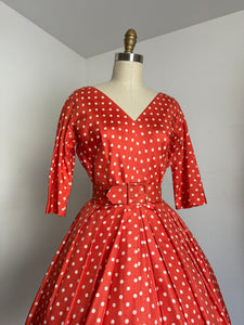 vintage 1950s orange silk polka dot dress {s}