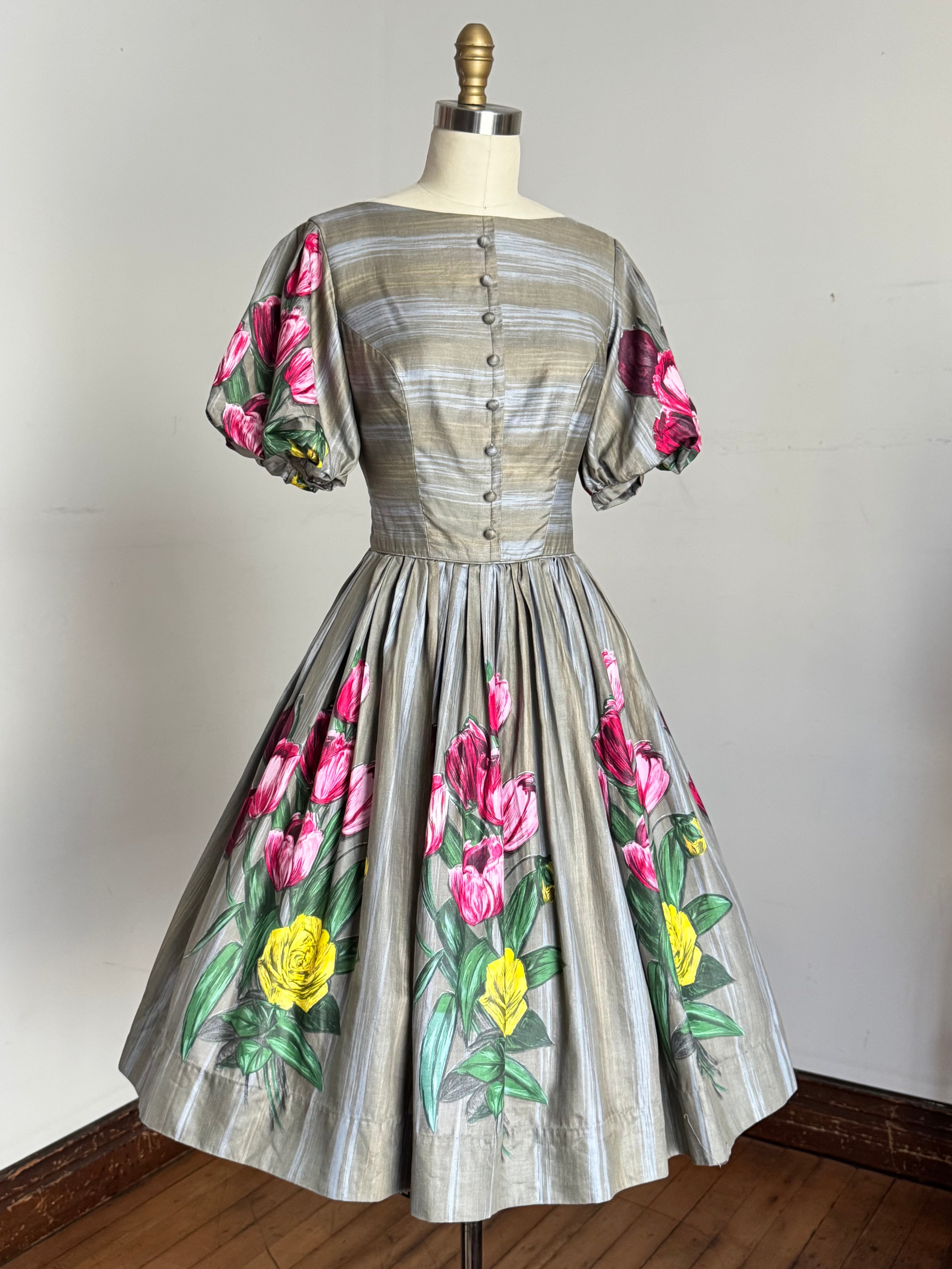 cotton vintage dresses 1960s John Wolf textiles floral dress {s} – Trunk of SEASON:Spring/Summer By Anthropologie 100% Silk this Retro Stage green Choose a Size:Size 14