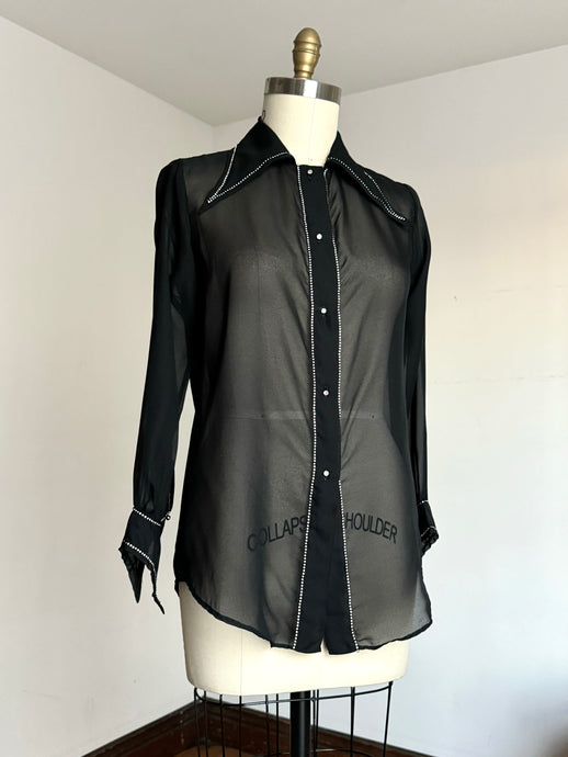 vintage 1970s sheer black dagger collar shirt {m}