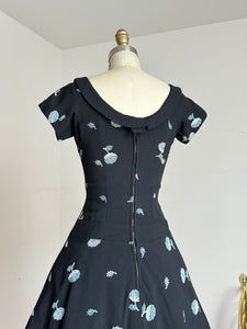 vintage 1950s black sun dress with embroidered flowers {xs}