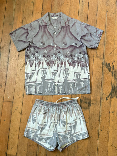 vintage 1950s novelty sailboat cabana set shirt and shorts