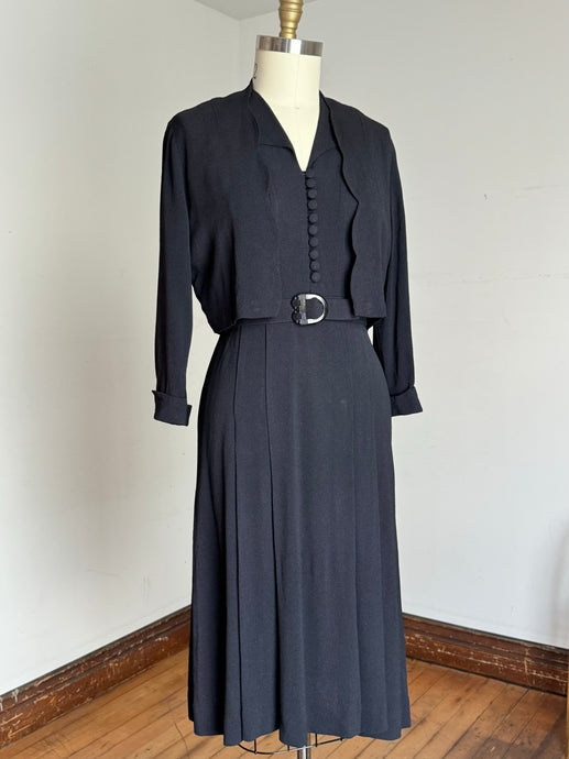 vintage 1930s 1940s black rayon crepe dress set {m}
