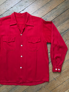 vintage 1950s red rayon long sleeve shirt