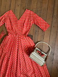 vintage 1950s orange silk polka dot dress {s}