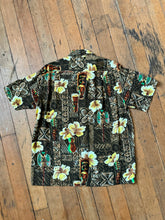 Load image into Gallery viewer, vintage 1960s rayon Tiki Hawaiian shirt