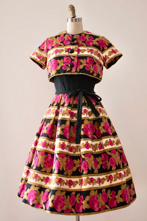 vintage 1950s floral rose print dress set