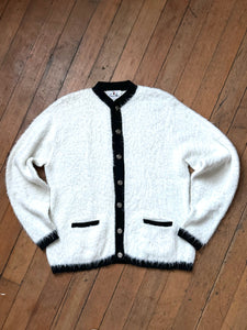 vintage 1960s white fuzzy shag cardigan