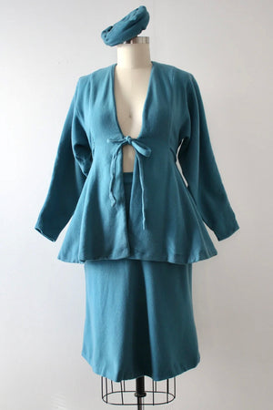 vintage 1940s blue wool skirt set with hat