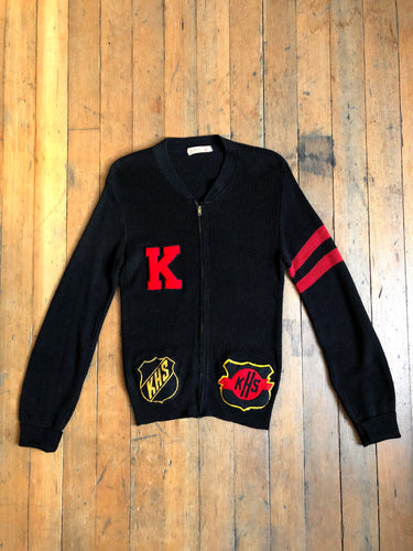 vintage 1940s sports knit zip up letterman sweater