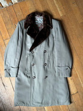 Load image into Gallery viewer, vintage 1940s double breasted quilted lined overcoat with half belt