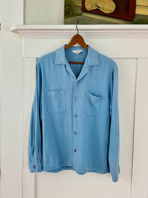 vintage 1950s blue rayon long sleeve shirt - loop collar