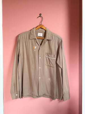 vintage 1950s brown long sleeve rayon shirt with loop collar