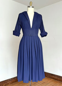 vintage 1940s 50s navy rayon low cut dress {m}
